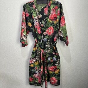 Vtg Royal Silk Womens 100% Cotton Floral Print Kimono Lounge Black Robe Belted L